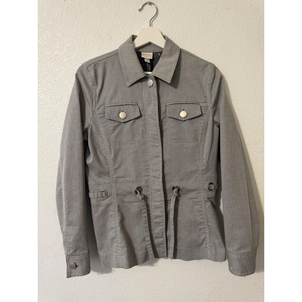 Isaac Mizrahi Gray Utility Jacket Drawstring Waist Pockets Collared Size S‎